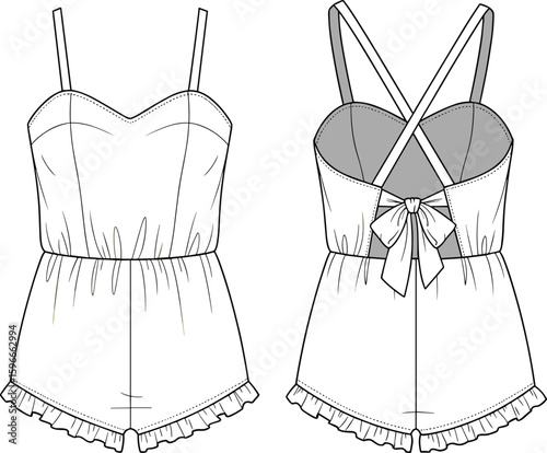 Fashion technical flat of women’s romper with frill hem, spaghetti straps, sweetheart neckline, criss-cross back, and bow detail