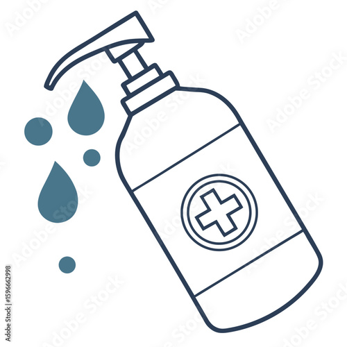 Hand sanitizer bottle with drops and cross symbol