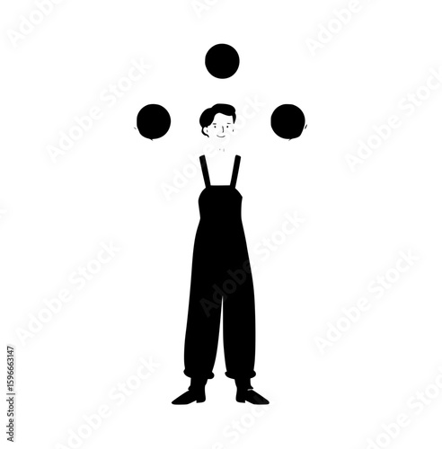 Minimalist flat illustration of an adult acrobat or circus artist juggling red balls, in a round-shaped background, wearing brown overalls and a yellow long-sleeved shirt