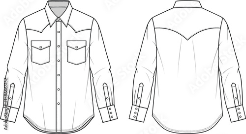 Detailed CAD flat vector drawing of western long sleeve shirt with pockets, collar, cuff, back yoke, technical fashion illustration