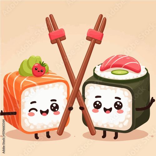 Cute sushi roll characters with smiling faces and chopsticks flat cartoon vector