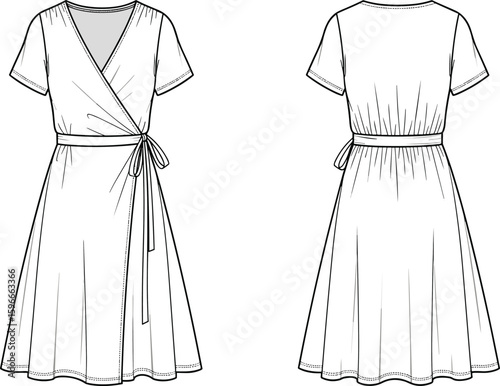 Flat technical CAD drawing of a short sleeve wrap dress with waist tie, flared hem, elastic back, vector sketch illustration