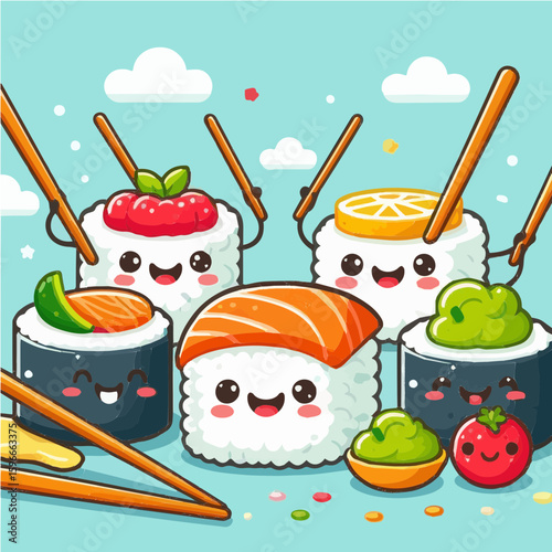 Cute sushi roll characters with smiling faces and chopsticks flat cartoon vector