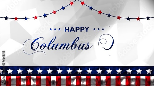 Happy Columbus Day animated background featuring American flag elements with red and white stripes and blue stars. This footage is perfect for celebrating Columbus Day or other patriotic occasions.