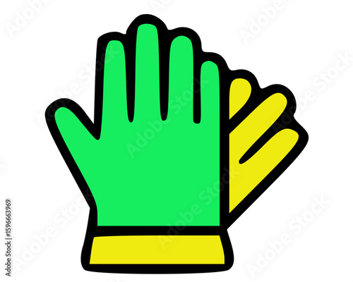 Two green and yellow gloves, illustrated, are displayed against a white background.