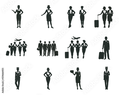 Silhouette of Flight Attendant in Clean Black on White Vector 
