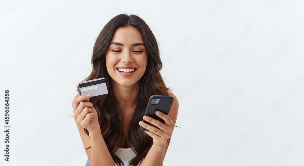 Happy Young Woman Holding Credit Card and Smartphone Enjoying Online Shopping Isolated on White Background Happy Young Woman Holding Credit Card and Smartphone Enjoying Online Shopping Isolated on White Background