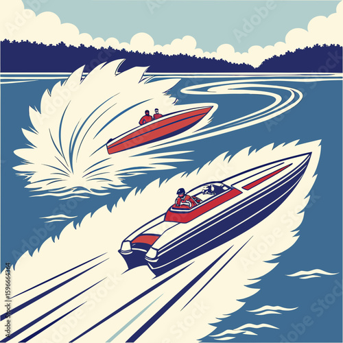 Two speedboats racing across the water leaving wakes