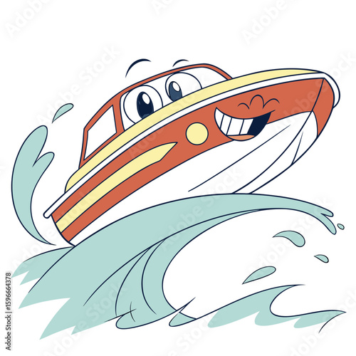 A cheerful cartoon boat speeding through a wave