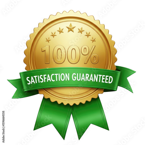 Golden satisfaction guaranteed badge with green ribbon and stars isolated on transparent background