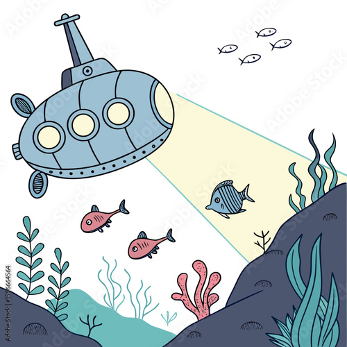 Blue submarine explores the ocean with fish and coral
