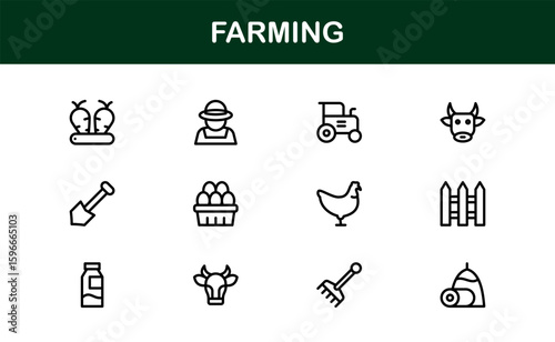 Farming Icons Collection Featuring Vector Illustrations of Agriculture Tools, Plants, Animals, and Harvest Elements