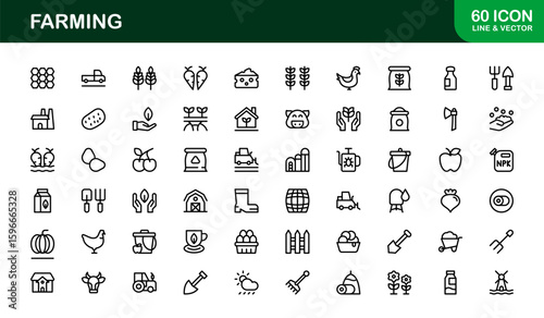 Farming Icons Collection Featuring Vector Illustrations of Agriculture Tools, Plants, Animals, and Harvest Elements