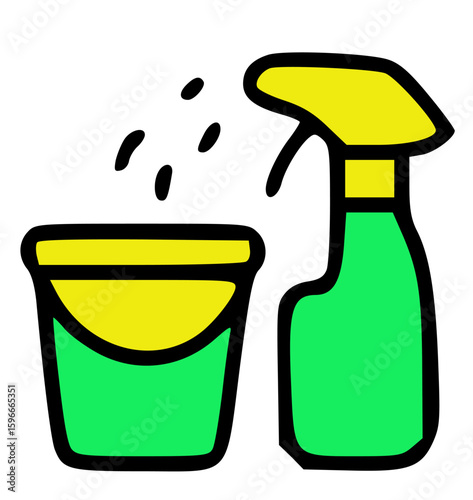 Illustration of a green bucket and a spray bottle with black droplets, suggesting cleaning.