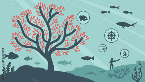 Underwater scene with coral tree, fish, diver, and nautical icons in a teal environment
