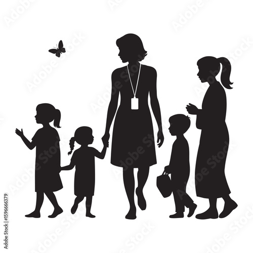 Minimalist Black Silhouette of Preschool Teacher with Children 
