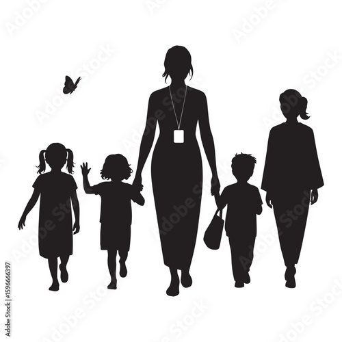 Silhouette of Kindergarten Teacher with Children in Black Vector   
