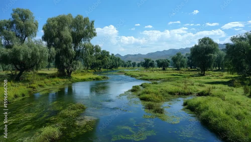 A serene river landscape surrounded by lush green vegetation. A serene river landscape surrounded by lush green vegetation.