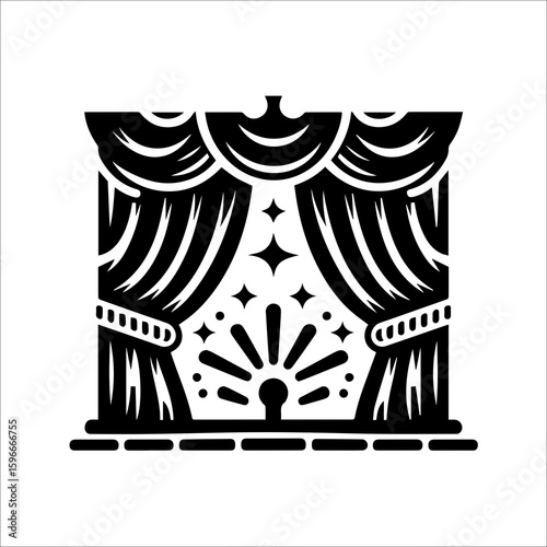 Monochromatic Stage Curtain Illustration: Vintage, Theatrical, Spotlight, Magic, Performance, Show, Retro, Graphic Design, Vector Art, Black and White