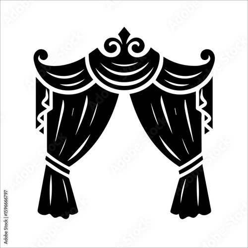Elegant Black and White Stage Curtain Icon:  Ornate, Dramatic, Theatrical Design Element for Luxury Branding,  Vintage Style.