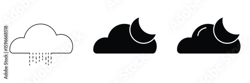Nighttime weather condition icon set with cloud moon rain vector illustration in minimal style for meteorology and forecast design use.