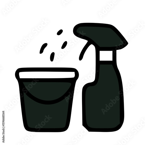 Simple illustration of a cleaning bucket and spray bottle with liquid droplets.