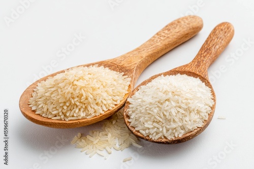 Rice on Wooden Spoons White Background