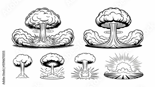 Monochrome collection of hand-drawn nuclear explosions, capturing the terrifying power and destructive force in a vintage style.