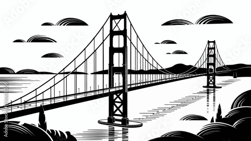 A striking black and white vector illustration of an iconic suspension bridge spanning a wide bay, a symbol of connection and engineering.