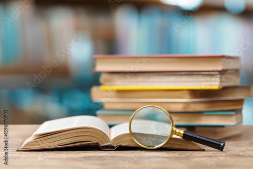 Open Book and Magnifying Glass on Library Background