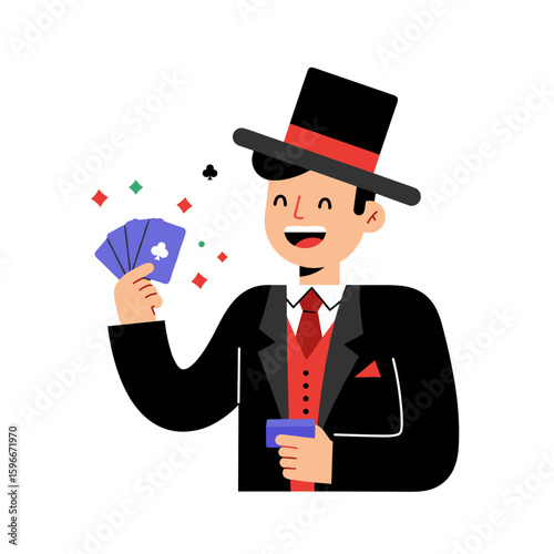 Male magician performing with cards and smiling in tuxedo attire  