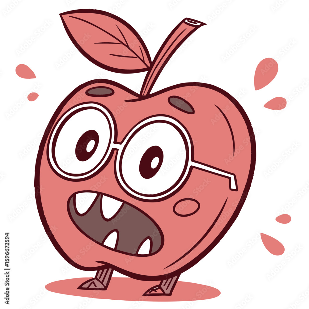 Fototapeta premium A funny cartoon apple character wearing glasses, looking smart