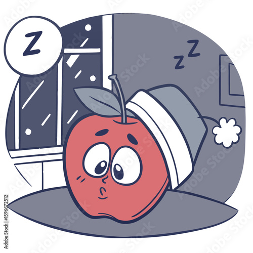 A sleepy apple character wearing a night cap on a pillow
