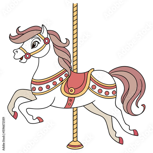 A decorative carousel horse on a pole, isolated on white background