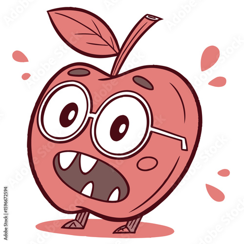 A funny cartoon apple character wearing glasses, looking smart