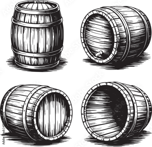 Hand drawn style old wooden barrel set isolated on transparent background