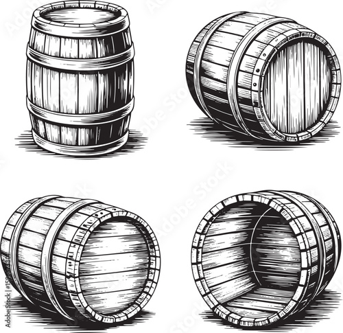 Hand drawn style old wooden barrel set isolated on transparent background