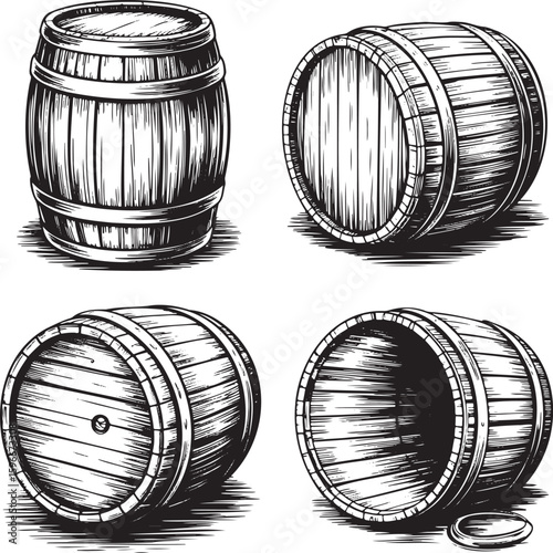 Hand drawn style old wooden barrel set isolated on transparent background