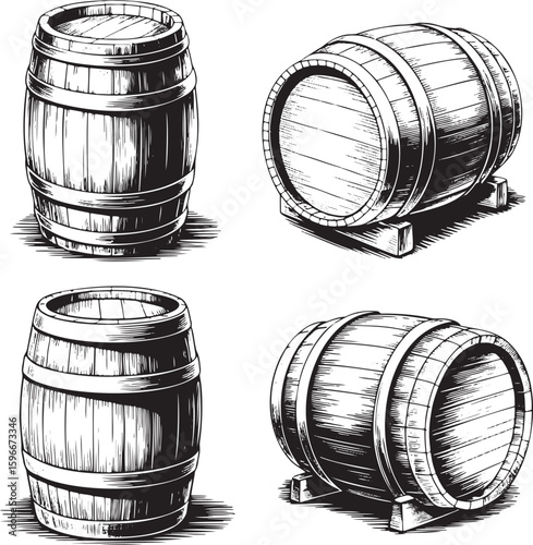 Hand drawn style old wooden barrel set isolated on transparent background