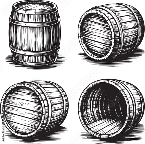 Hand drawn style old wooden barrel set isolated on transparent background