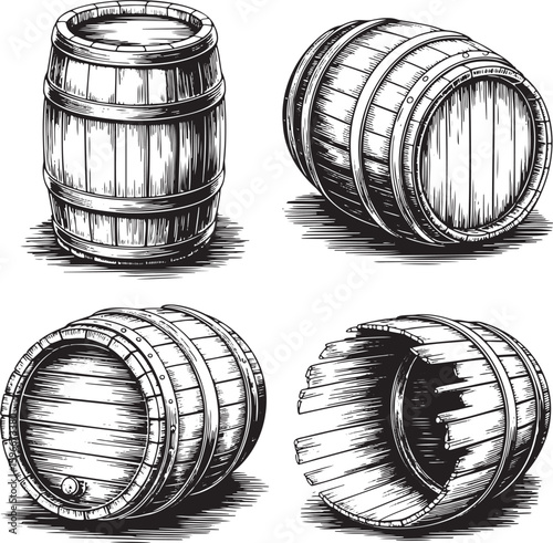 Hand drawn style old wooden barrel set isolated on transparent background