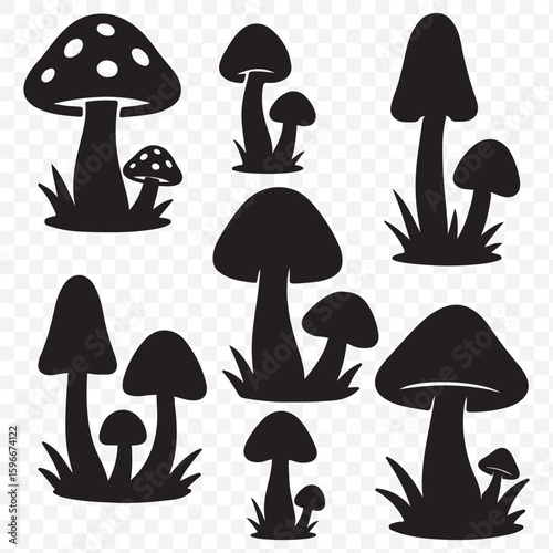 Set of mushrooms silhouette. Collection black mushrooms.