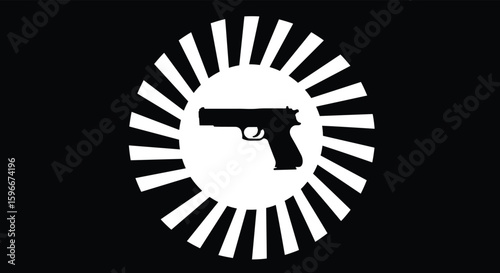 Gun silhouette, firearm symbol, radial pattern design, black handgun illustration, security theme, danger concept, weapon graphic, dramatic art, protection visual