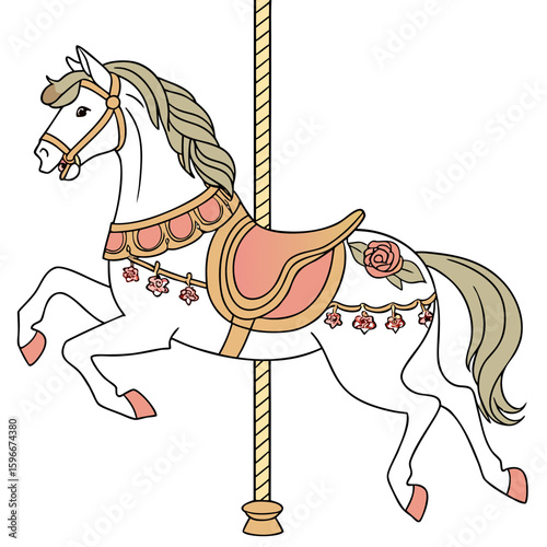 A white carousel horse with pink and gold accents