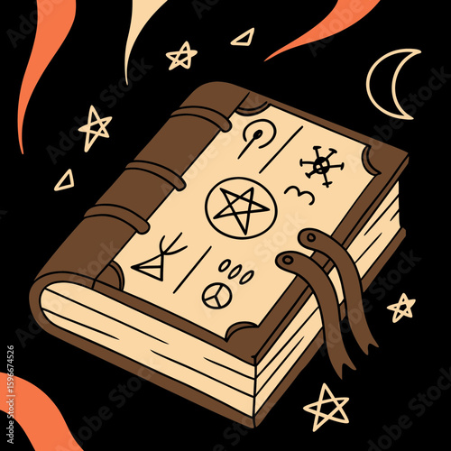 Ancient spellbook with mystical symbols and a spooky design on a dark background