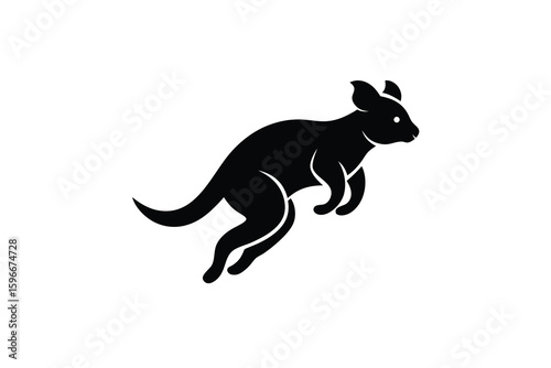 Elegant Black Silhouette of a Leaping Wallaby on a White Background