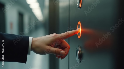 Woman's hand pressing an elevator button in a modern office lobby, close-up.

