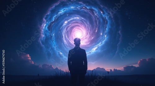 Silhouette of man illuminated by blue-purple swirling galaxy and cosmic rays.

