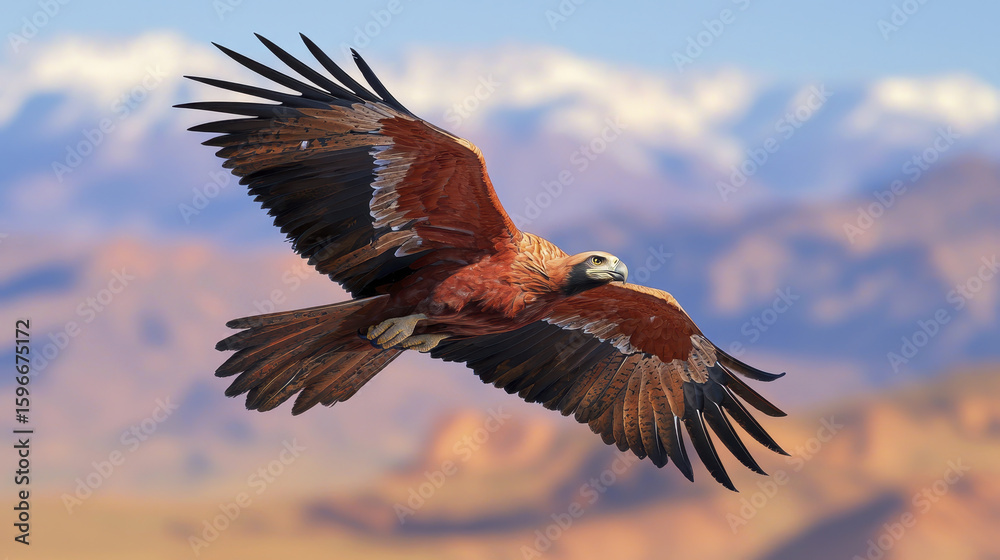 Obraz premium Majestic bird soaring in sky, showcasing its impressive wingspan against stunning mountain backdrop