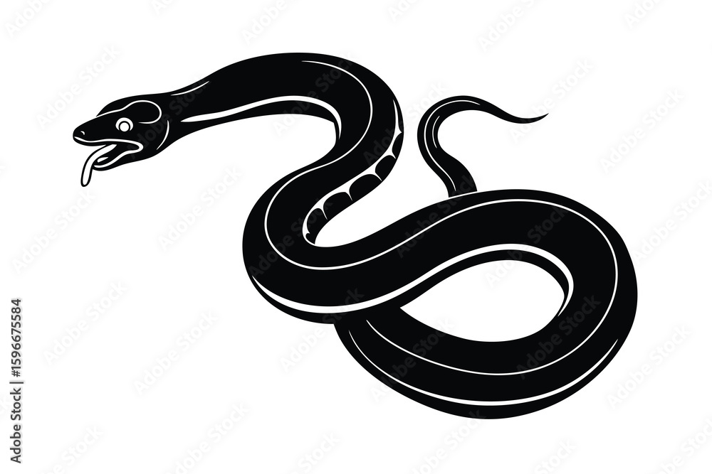 Fototapeta premium Stylized Black Snake Illustration with White Outline on a White Background